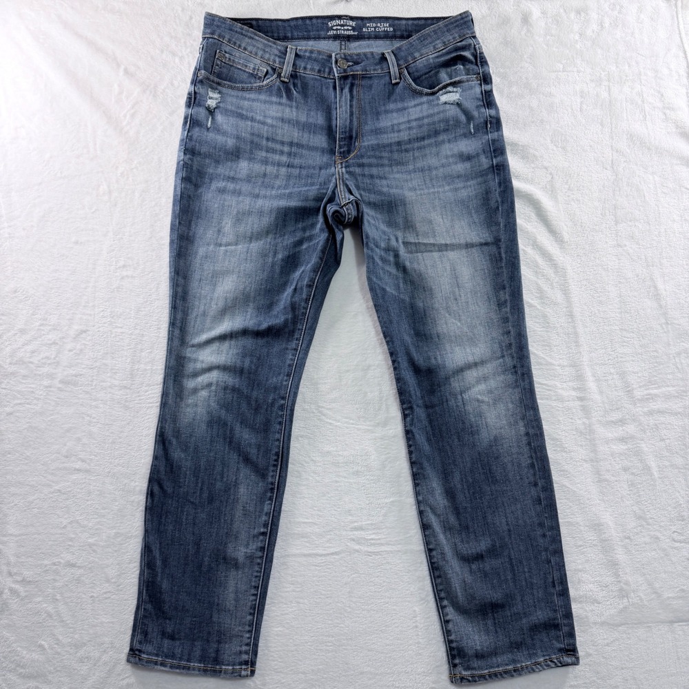 Signature by Levi Strauss Mid-Rise Slim Cuffed Jeans Blue Distressed Size 14 W32